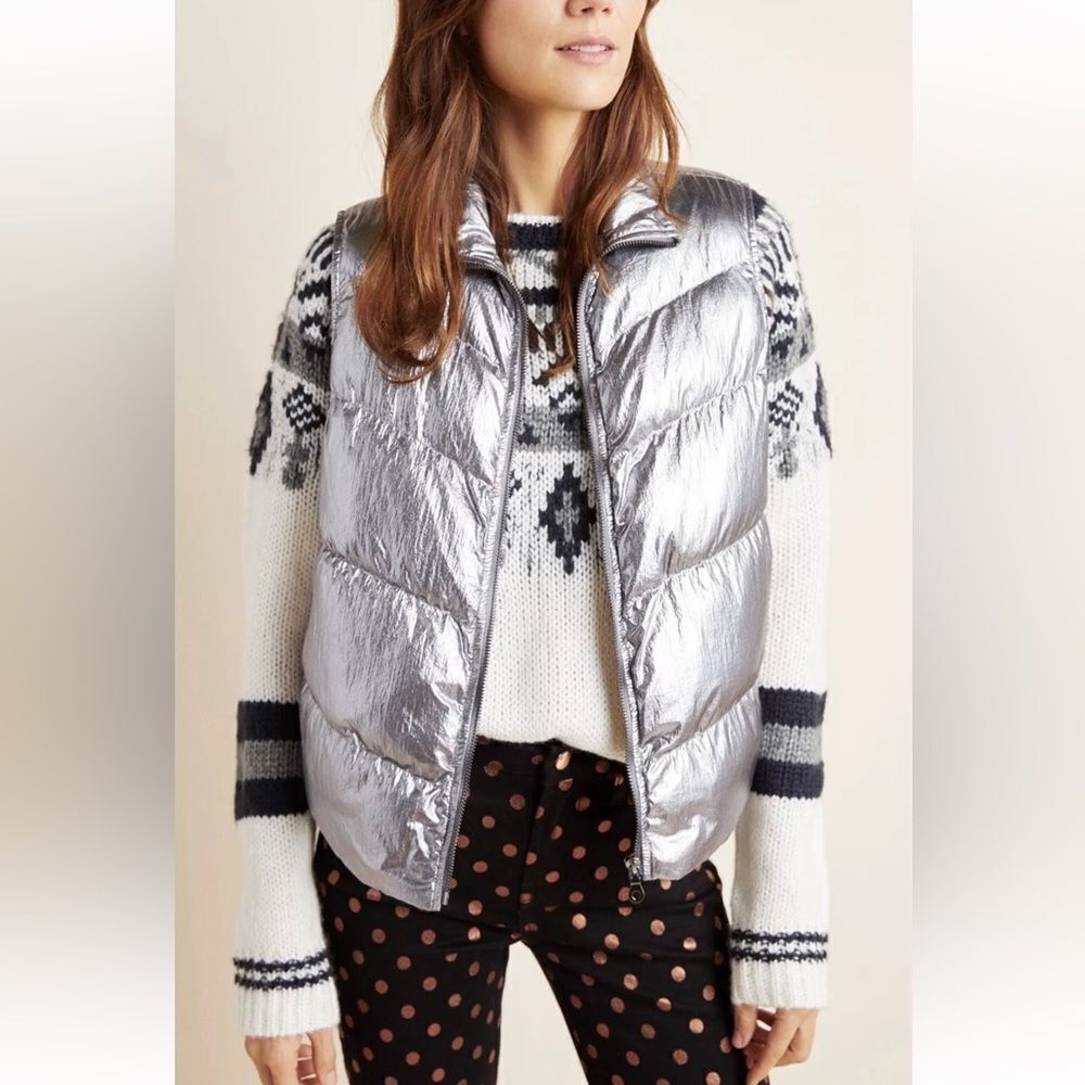 ANTHROPOLOGIE NWOT Women’s Metallic Foil Puffer Vest Zip Front Silver XS